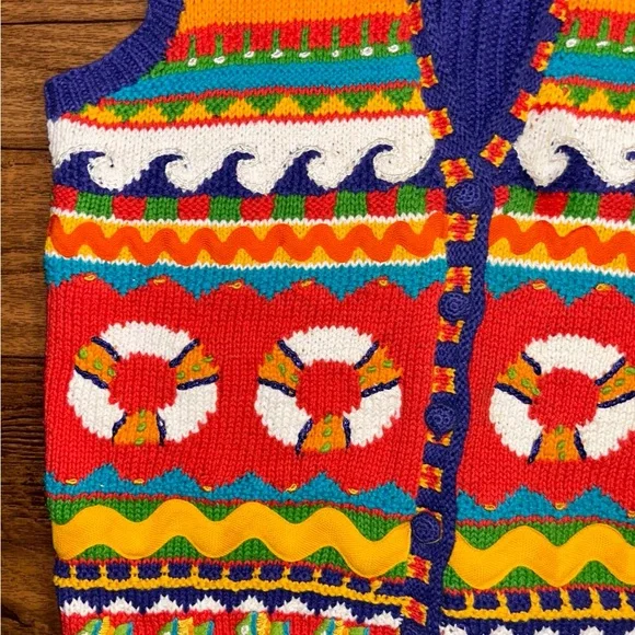 Marisa Christina ~ Large ~ Hand Knitted ~ Orange/Yellow/Blue ~ Ocean/Fish ~ Vest - Picture 13 of 16